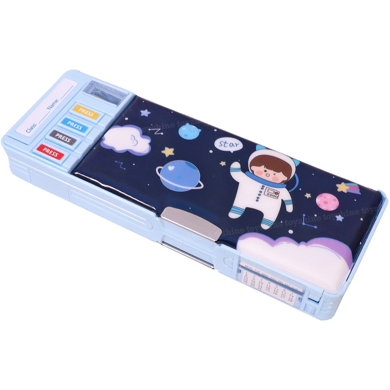 Toyshine Multi Compartment Button Operated Space Pencil Box, With Pen Stand In-Built, Push Button Enabled Storages And Sharpener For Kids - Blue - Plastic