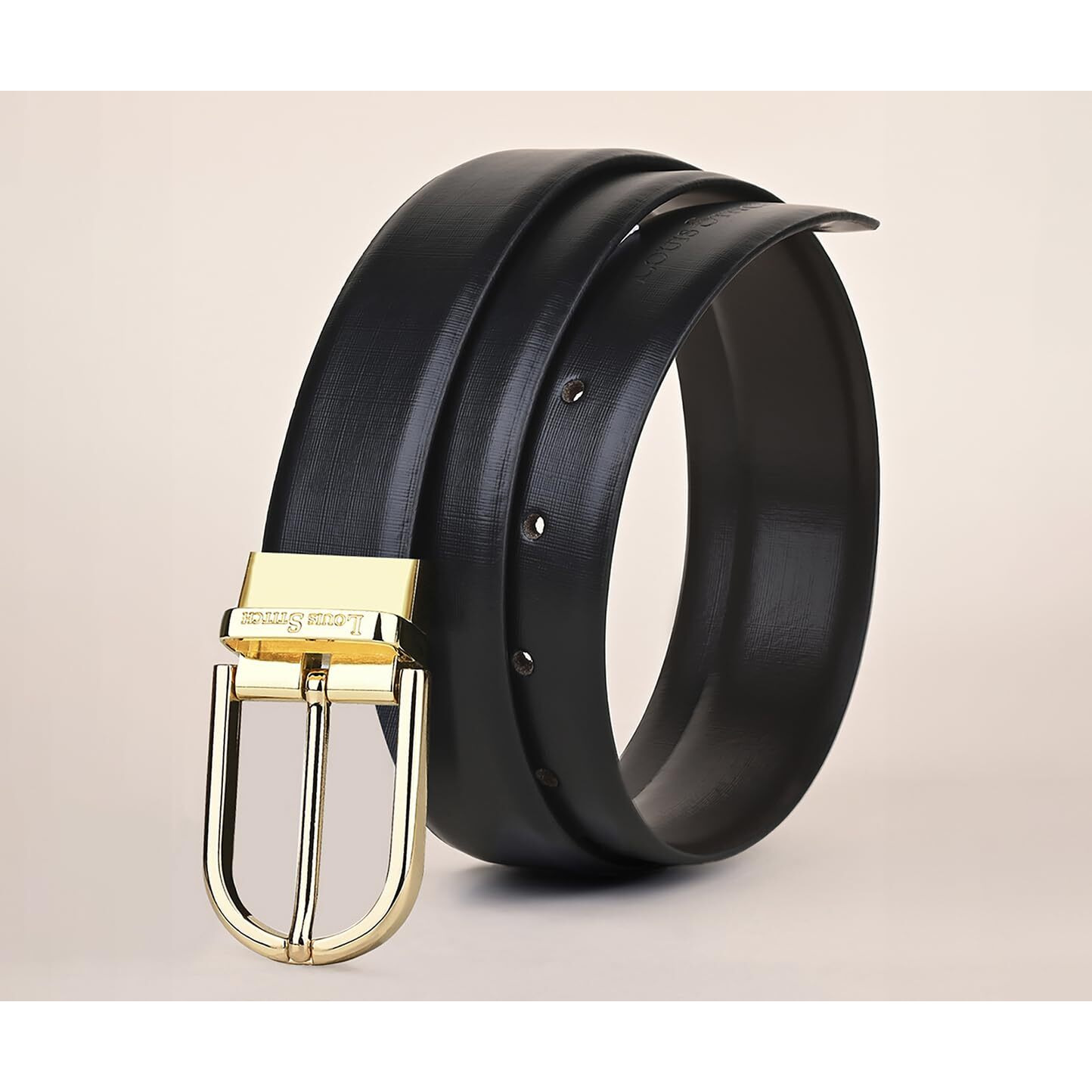 Louis Stitch Men's Italian Leather Belt For Men's With Rotating Golden Buckle Black & Brown Width 1.35" (35 Mm) Length 32 Inch (Rpgd)