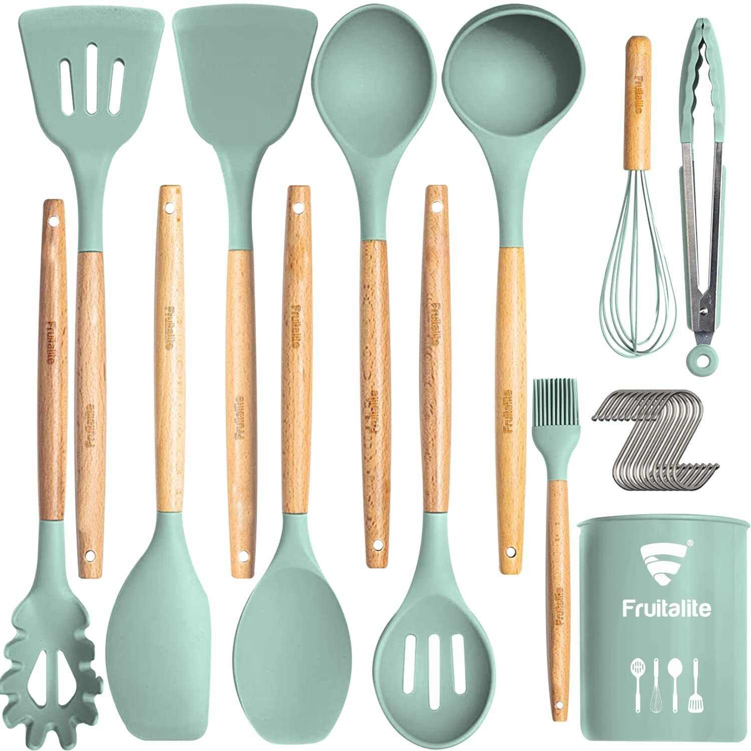 Fruitalite Silicone Kitchen Utensils Spoon Spatula Cooking Set- 13 Pcs Non-Stick With Wooden Handle- Bpa Free, Heat Resistant Item, Flexible Non Toxic Silicon Cookware Tools With Holder- Mint Green