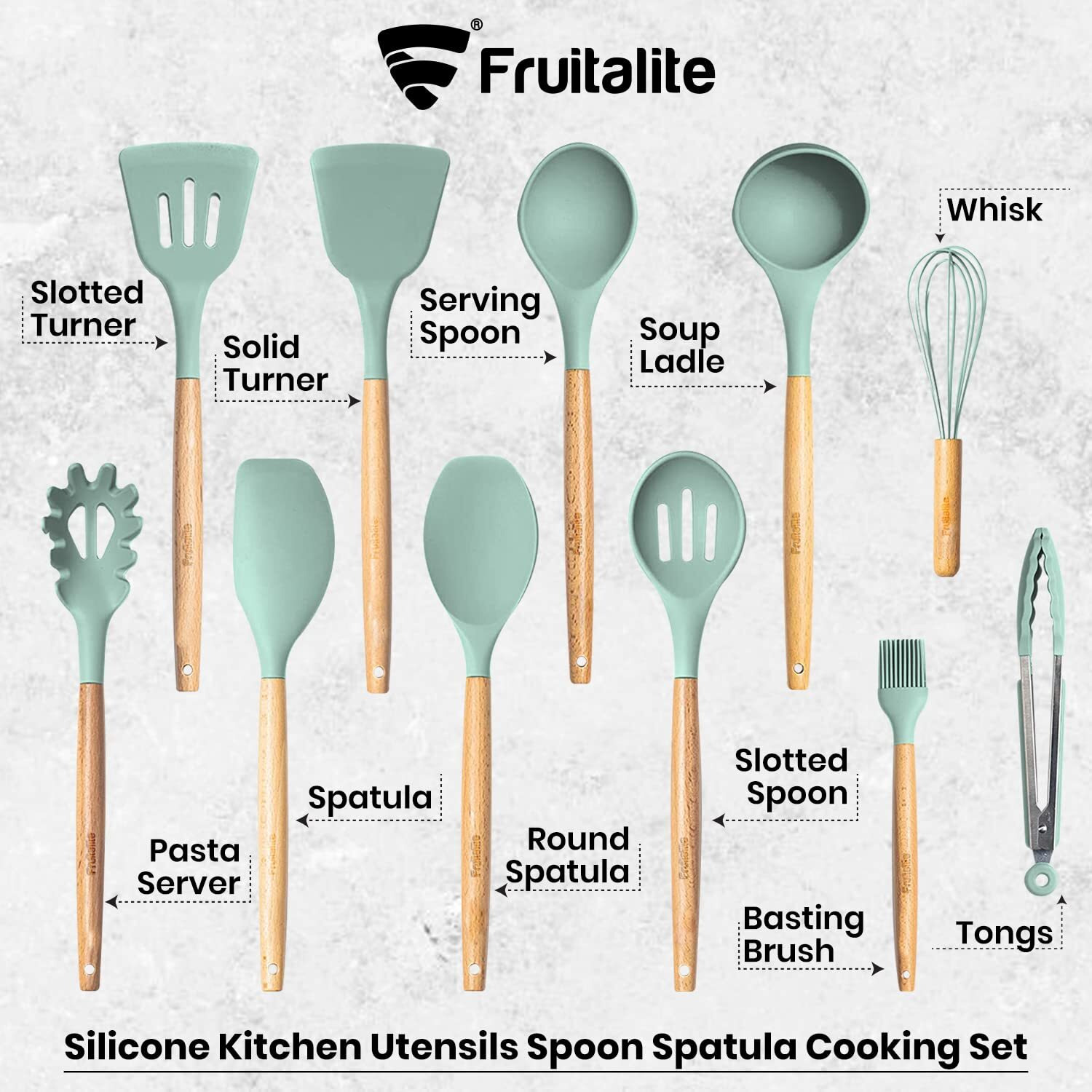 Fruitalite Silicone Kitchen Utensils Spoon Spatula Cooking Set- 13 Pcs Non-Stick With Wooden Handle- Bpa Free, Heat Resistant Item, Flexible Non Toxic Silicon Cookware Tools With Holder- Mint Green