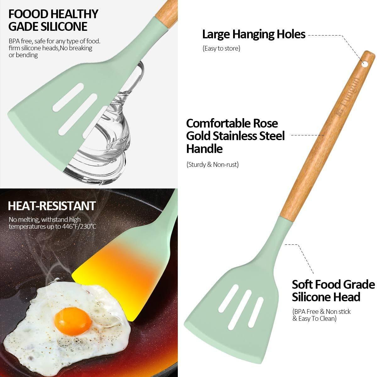 Fruitalite Silicone Kitchen Utensils Spoon Spatula Cooking Set- 13 Pcs Non-Stick With Wooden Handle- Bpa Free, Heat Resistant Item, Flexible Non Toxic Silicon Cookware Tools With Holder- Mint Green