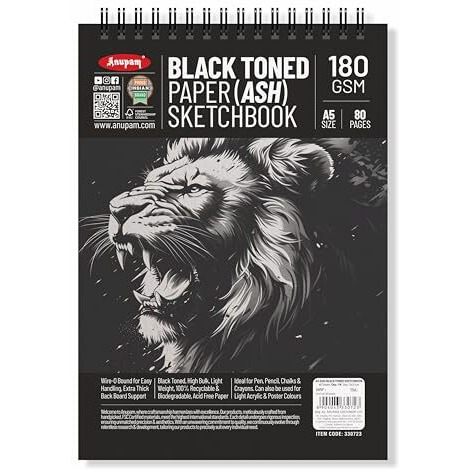 Anupam Ash Black Toned Sketch Book A5 Size Spiral Binding Drawing Notebook 140Gsm For Sketching & Drawing With Pen Pencil Charcoal Pastel & Wax Crayon For Artist's & Amateurs (80 Pages / 40 Sheets)