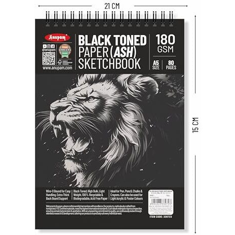 Anupam Ash Black Toned Sketch Book A5 Size Spiral Binding Drawing Notebook 140Gsm For Sketching & Drawing With Pen Pencil Charcoal Pastel & Wax Crayon For Artist's & Amateurs (80 Pages / 40 Sheets)