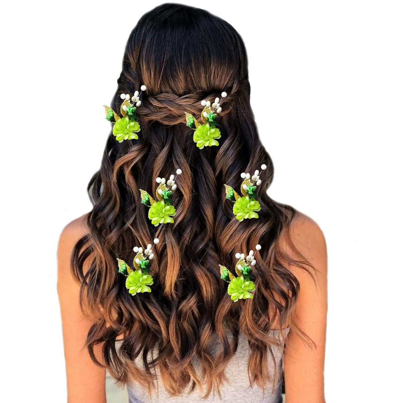 Hair Flare Artificial Flower With Pearl Bridal Hair Pin/Hair Clip/Side Pin/Comb Pin/Hair Accessories/Judapin For Women & Girls - 2397, Green