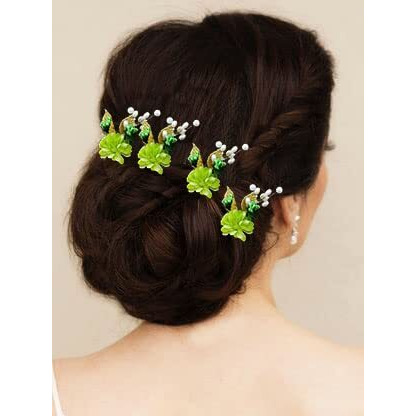 Hair Flare Artificial Flower With Pearl Bridal Hair Pin/Hair Clip/Side Pin/Comb Pin/Hair Accessories/Judapin For Women & Girls - 2397, Green
