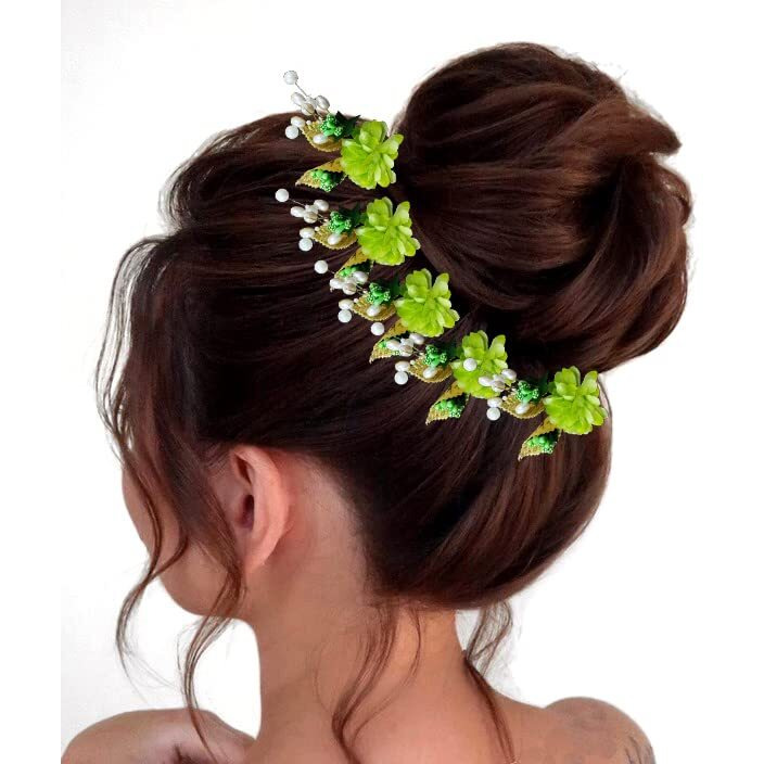 Hair Flare Artificial Flower With Pearl Bridal Hair Pin/Hair Clip/Side Pin/Comb Pin/Hair Accessories/Judapin For Women & Girls - 2397, Green
