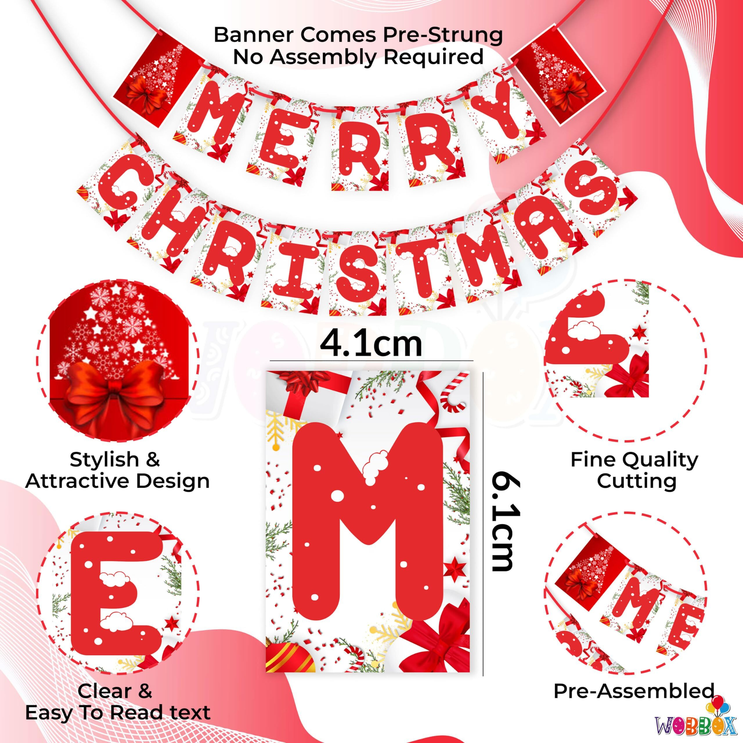 Wobbox Christmas Decoration Bunting Banner, Merry Christmas Red & White Snow & Christmas Decorations Items, Christmas Decorations