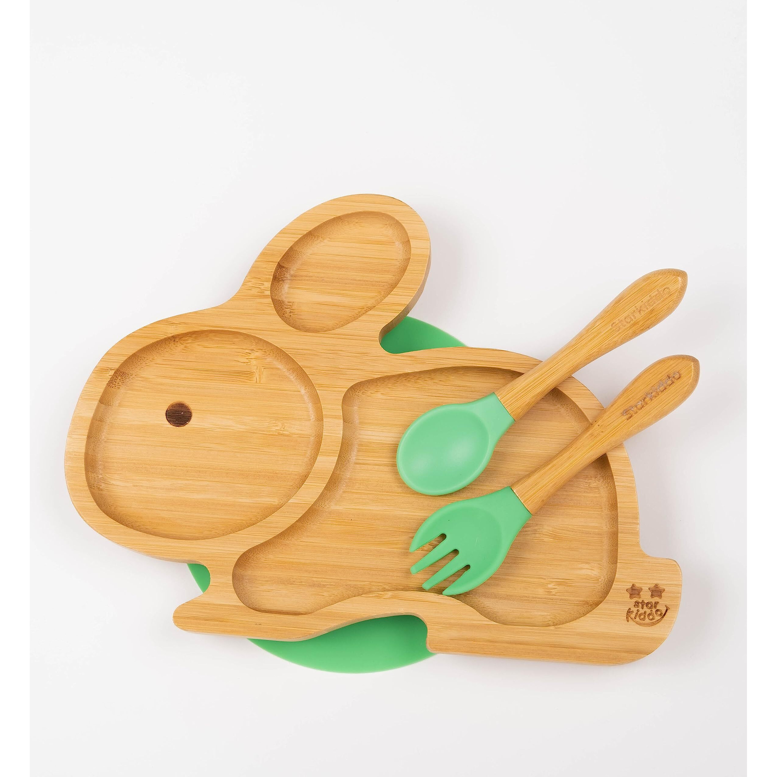 Starkiddo  Cute Bamboo Rabbie Suction Plate Baby-Led Weaning | 3 Sections | Non-Toxic |Eco-Friendly | Super Strong Suction Cup - Natural Bamboo Bpa Free Baby Plate (Green)
