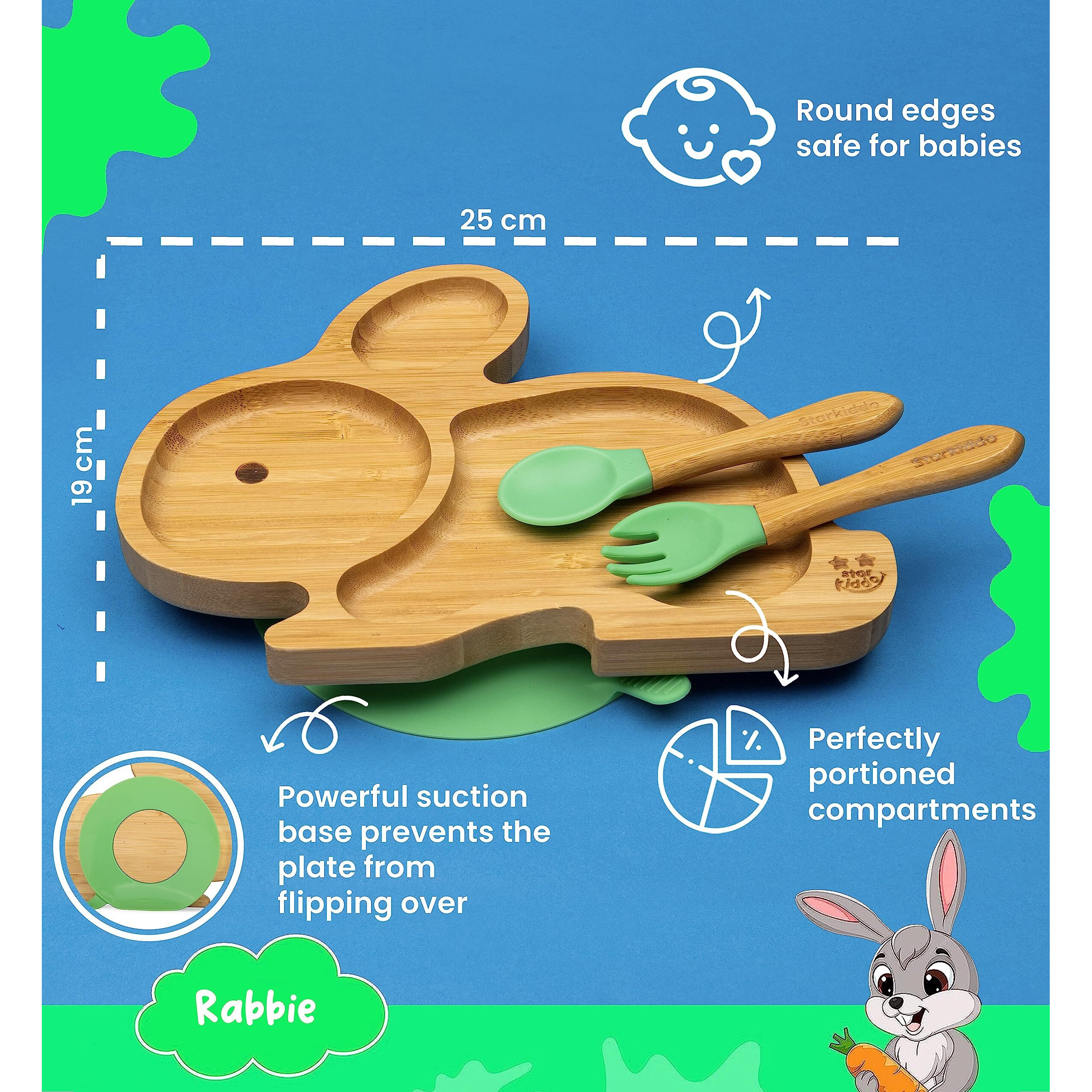 Starkiddo  Cute Bamboo Rabbie Suction Plate Baby-Led Weaning | 3 Sections | Non-Toxic |Eco-Friendly | Super Strong Suction Cup - Natural Bamboo Bpa Free Baby Plate (Green)