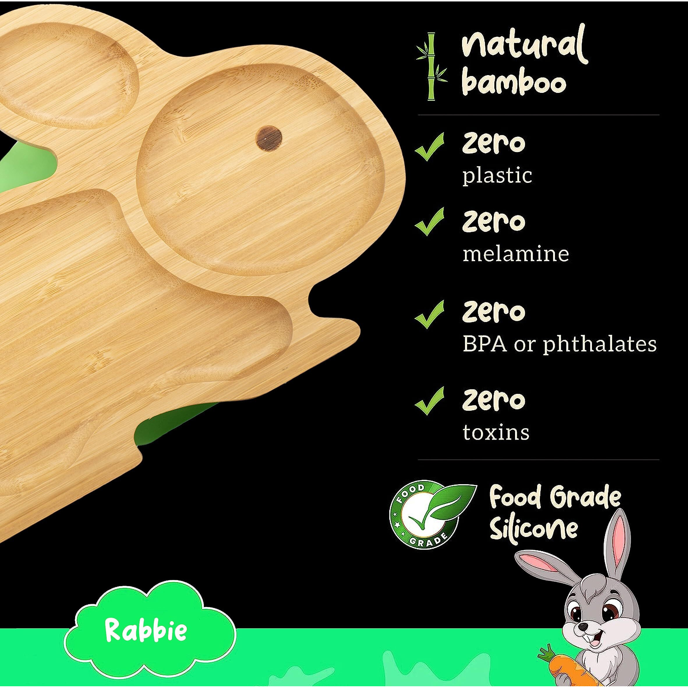 Starkiddo  Cute Bamboo Rabbie Suction Plate Baby-Led Weaning | 3 Sections | Non-Toxic |Eco-Friendly | Super Strong Suction Cup - Natural Bamboo Bpa Free Baby Plate (Green)