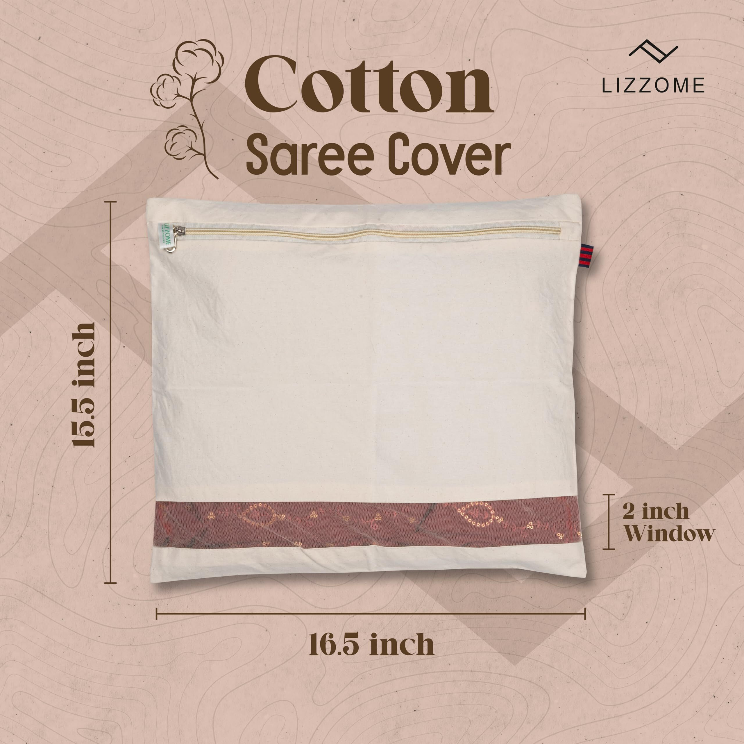 Lizzome Cotton Saree Covers & Bags For Storage Big Size | Zip Clouser Clothes Storage Bags Wardrobe Organizer Set Of 12 (16 X 14 Inches) | Eco-Friendly & Reusable Covers Or Bags With Mesh Windows