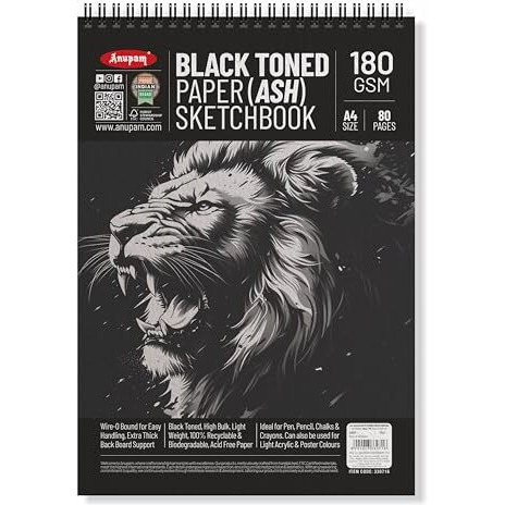 Anupam Ash Black Toned Sketch Book A4 Size Spiral Binding Drawing Notebook 140Gsm For Sketching & Drawing With Pen Pencil Charcoal Pastel & Wax Crayon For Artist's & Amateurs (80 Pages / 40 Sheets)