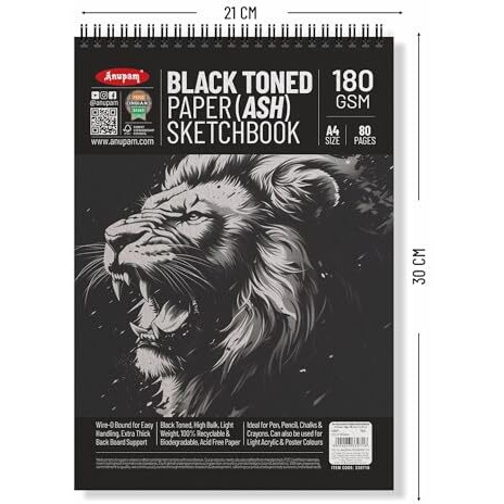 Anupam Ash Black Toned Sketch Book A4 Size Spiral Binding Drawing Notebook 140Gsm For Sketching & Drawing With Pen Pencil Charcoal Pastel & Wax Crayon For Artist's & Amateurs (80 Pages / 40 Sheets)
