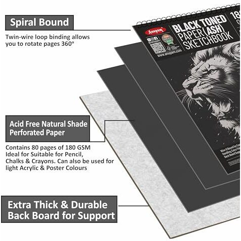 Anupam Ash Black Toned Sketch Book A4 Size Spiral Binding Drawing Notebook 140Gsm For Sketching & Drawing With Pen Pencil Charcoal Pastel & Wax Crayon For Artist's & Amateurs (80 Pages / 40 Sheets)