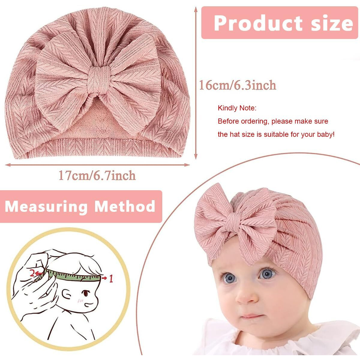 Palay 3Pcs Cap For Baby Girl Boy, Lovely Bow Caps For Babies, Soft Warm Baby Cap 0-3 Month, Stretchy Turban Cap For Baby Girl 3-12 Months, Infant Baby Hat For Newborns Shower Gift