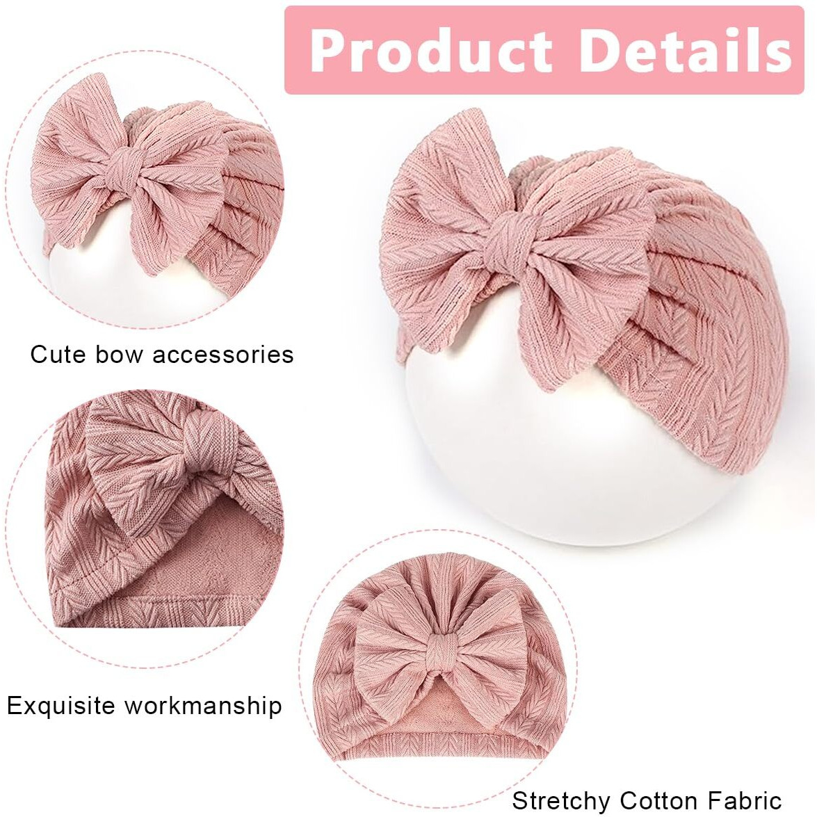 Palay 3Pcs Cap For Baby Girl Boy, Lovely Bow Caps For Babies, Soft Warm Baby Cap 0-3 Month, Stretchy Turban Cap For Baby Girl 3-12 Months, Infant Baby Hat For Newborns Shower Gift
