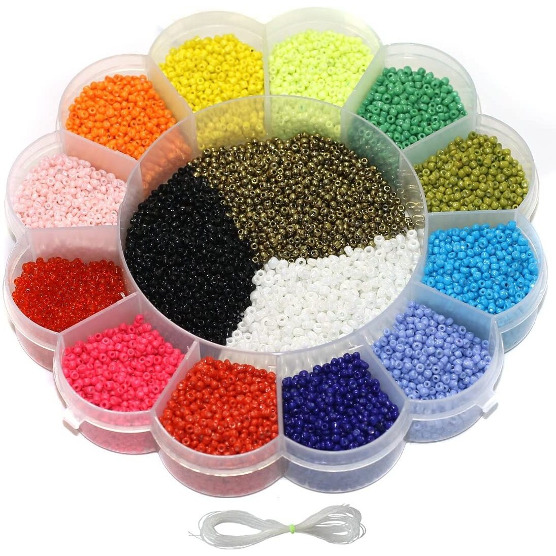 Beadsnfashion Glass Seed Beads Neon & Opaque Diy Kit With Beads Storage Box With 12 Mtrs Nylon Thread For Jewellery Making, Beading, Arts & Embroidery 15 Colors Size 2Mm