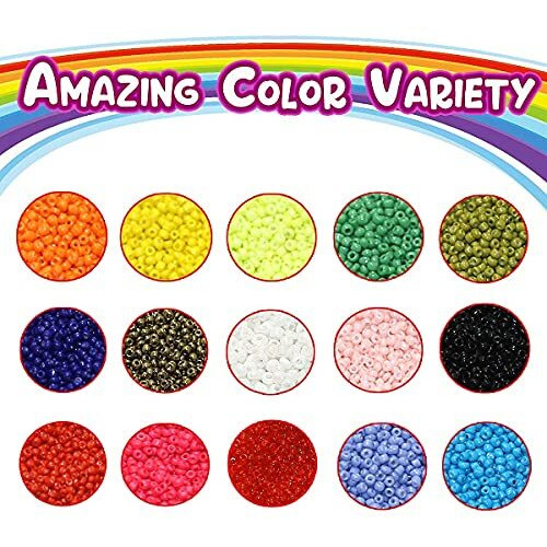 Beadsnfashion Glass Seed Beads Neon & Opaque Diy Kit With Beads Storage Box With 12 Mtrs Nylon Thread For Jewellery Making, Beading, Arts & Embroidery 15 Colors Size 2Mm