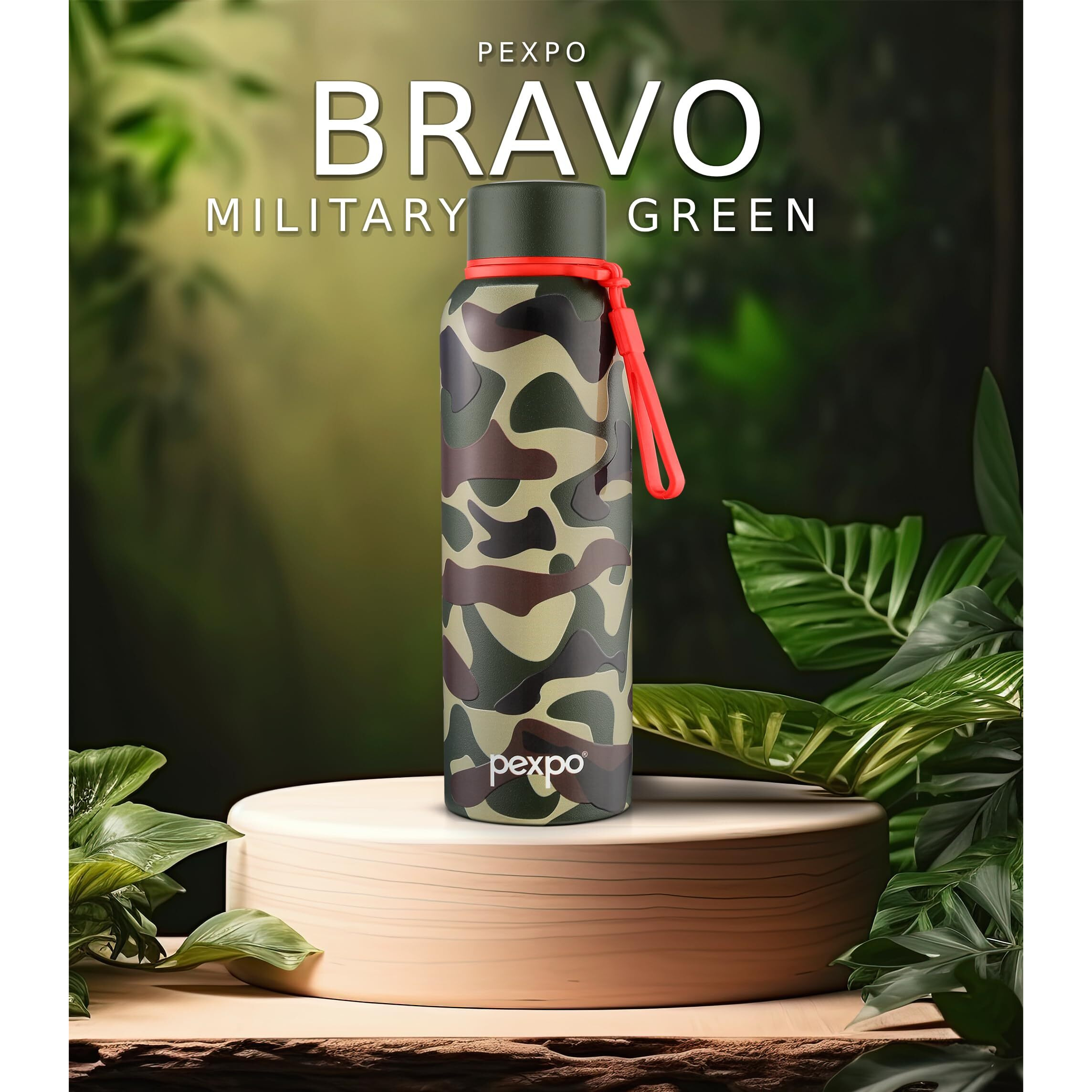 Pexpo Bravo Hot & Cold Isi Certified Flask | Stainless Steel Water Bottle - 700Ml Military Green Printed Design Thermoflask | Office| Gym| Travelling| Home| School| Adults & Kids