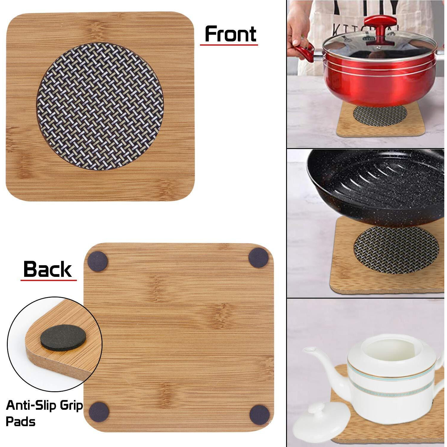 Hokipo Eco-Friendly Bamboo Wooden Coasters For Home Pan Pot Holder For Dining Table Heat Pad For Kitchen - Pack Of 6 (Ar2922*6)