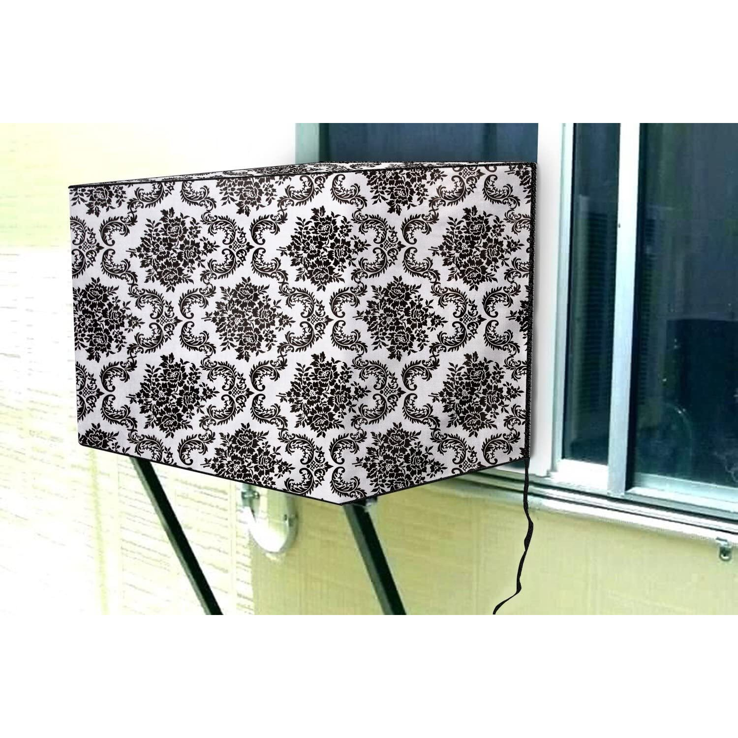Stylista Pvc Window Ac Cover 1 Ton Waterproof And Dustproof, Damask Pattern Offwhite