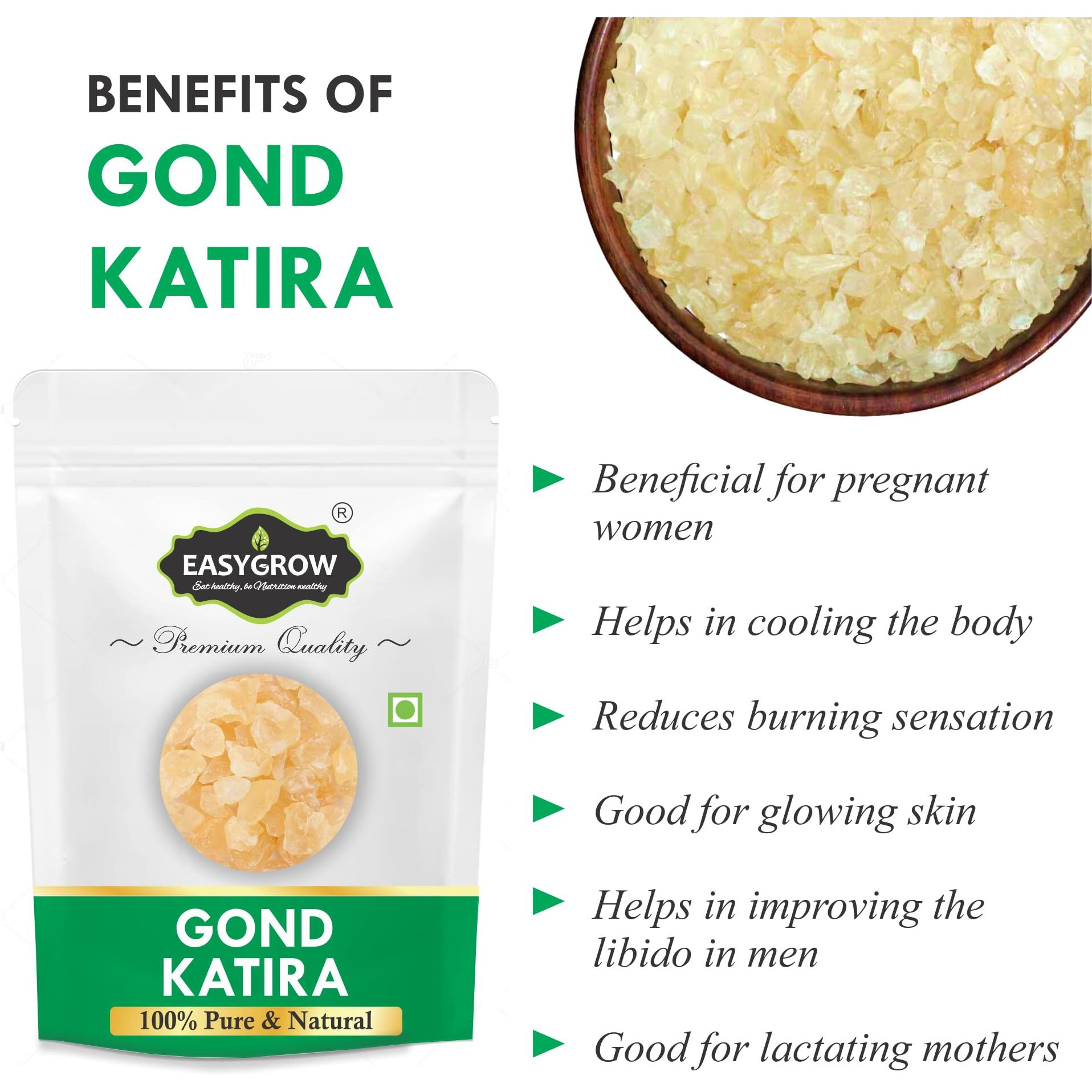 Easygrow Edible Gond Katira Pure - 200 Gm, Tragacanth Gum Katira Crystals Badam Pisin Gondh Katira High Cooling Properties, Gond Katira For Summer | Almond Gum