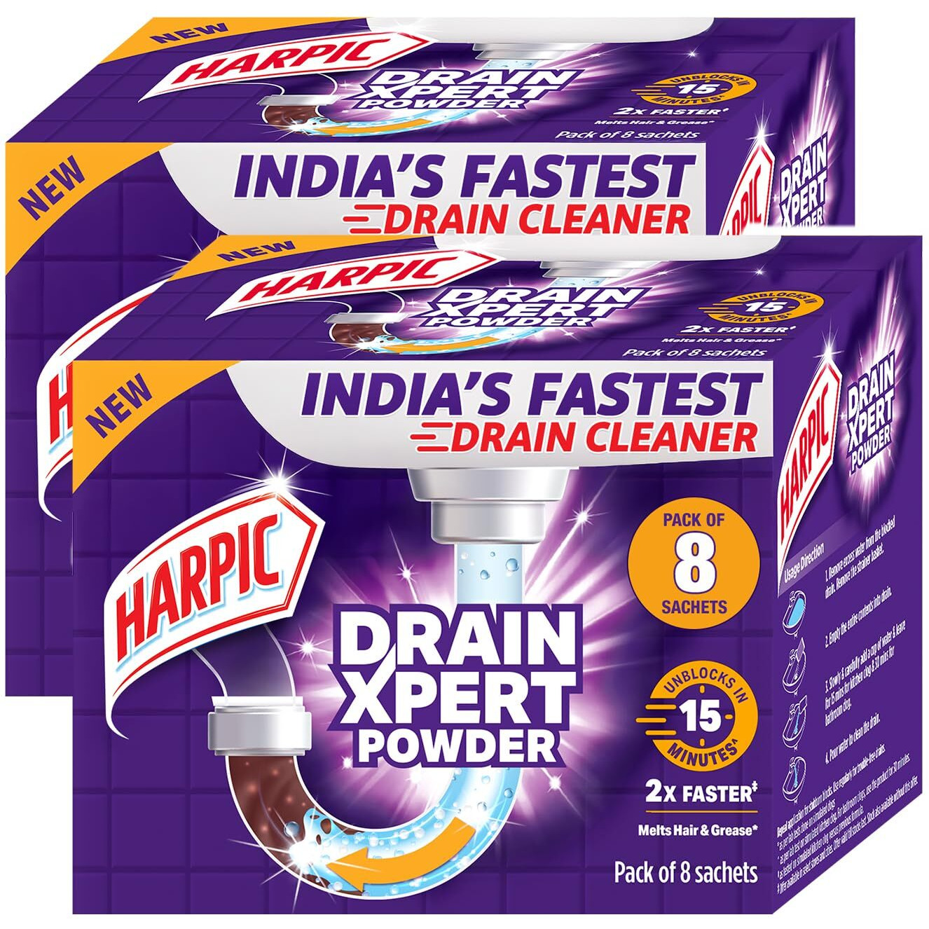 Harpic Drainxpert Drain Cleaning Powder (50G X 8) | Removes Blockages In Pipes,Sinks & Septic Tanks| Works Within 15 Minutes | Melts Grease & Dissolves Hair | India's Fastest Drain Cleaner (Pack Of 2)