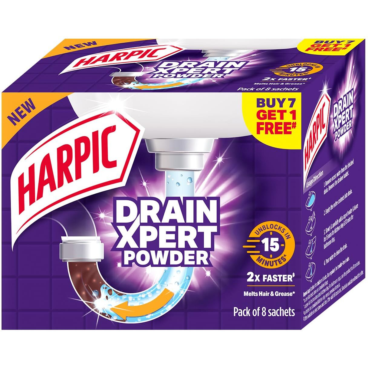 Harpic Drainxpert Drain Cleaning Powder (50G X 8) | Removes Blockages In Pipes,Sinks & Septic Tanks| Works Within 15 Minutes | Melts Grease & Dissolves Hair | India's Fastest Drain Cleaner (Pack Of 2)
