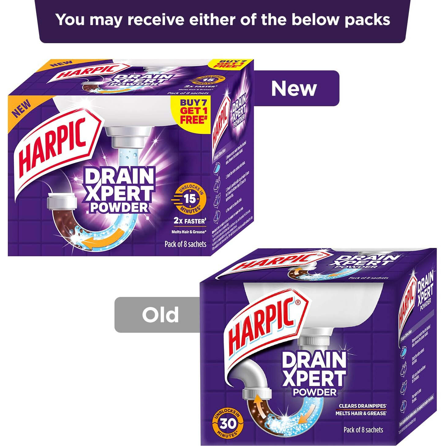 Harpic Drainxpert Drain Cleaning Powder (50G X 8) | Removes Blockages In Pipes,Sinks & Septic Tanks| Works Within 15 Minutes | Melts Grease & Dissolves Hair | India's Fastest Drain Cleaner (Pack Of 2)