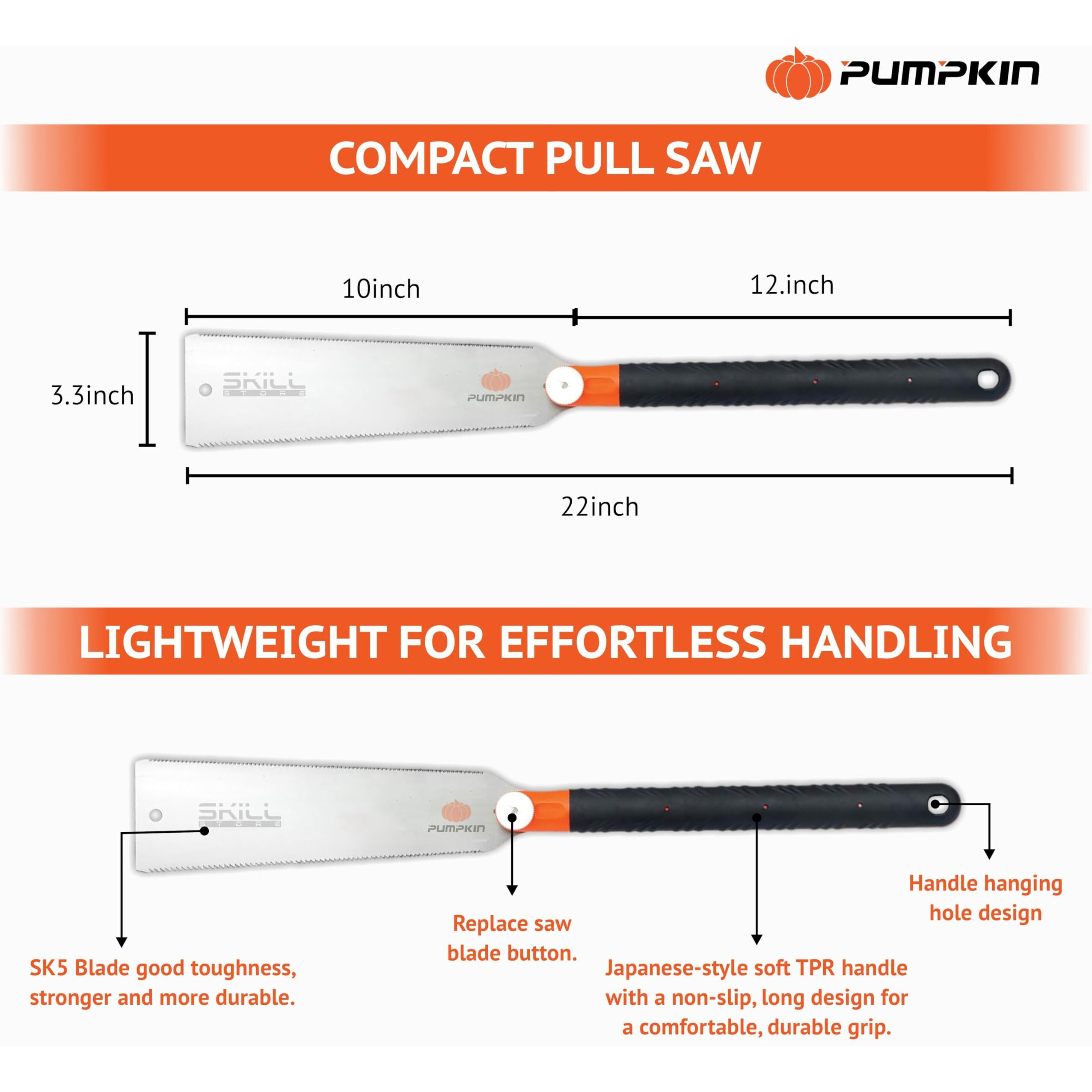 Tuqo Pumpkin Double Edge Japanese Pull Saw 10"/250Mm, Sk-5 High Carbon Steel Blade With Abs Rubber Handle, Ideal For Bamboo, Wood & More  Precision Cuts, Lightweight & Durable  Model 33316