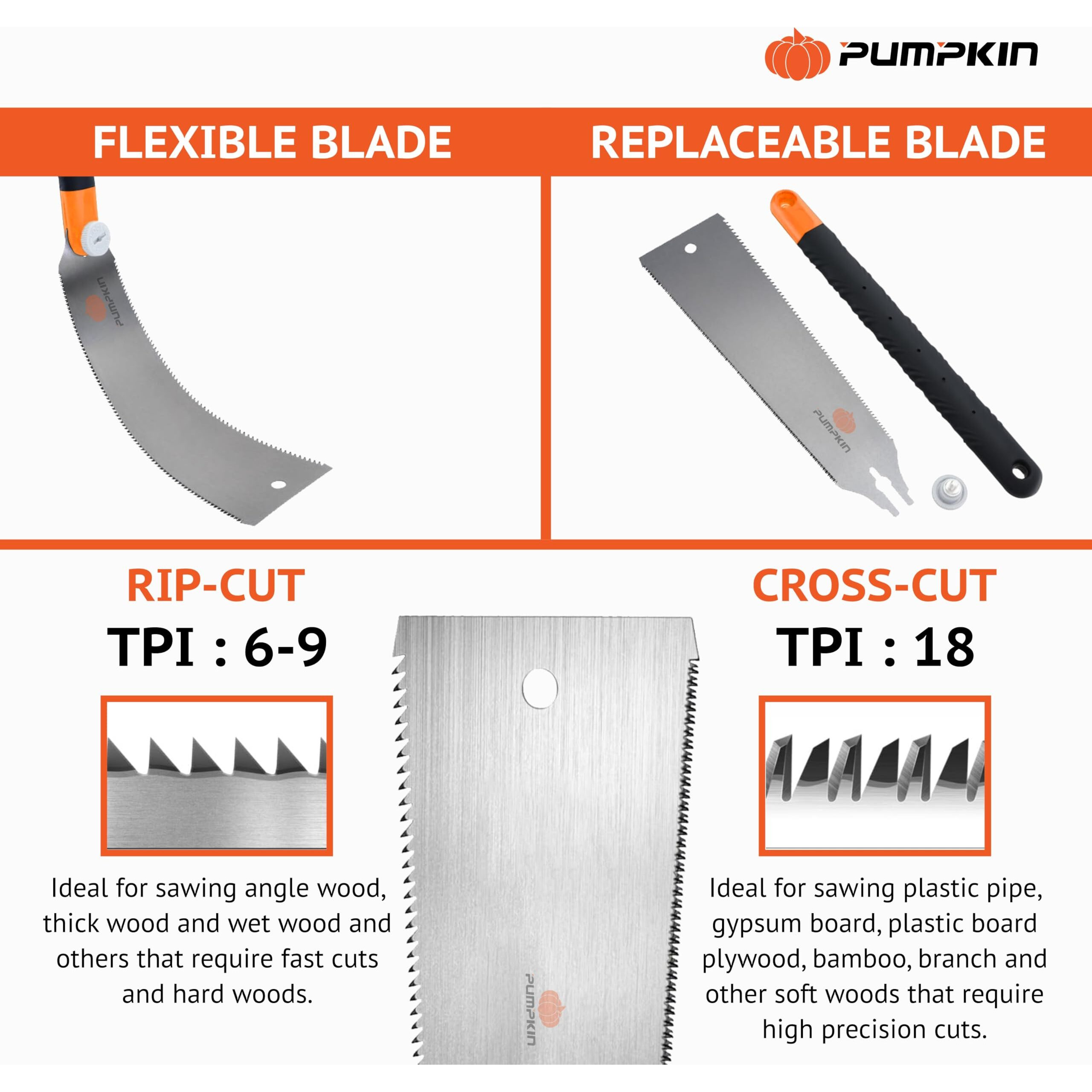 Tuqo Pumpkin Double Edge Japanese Pull Saw 10"/250Mm, Sk-5 High Carbon Steel Blade With Abs Rubber Handle, Ideal For Bamboo, Wood & More  Precision Cuts, Lightweight & Durable  Model 33316