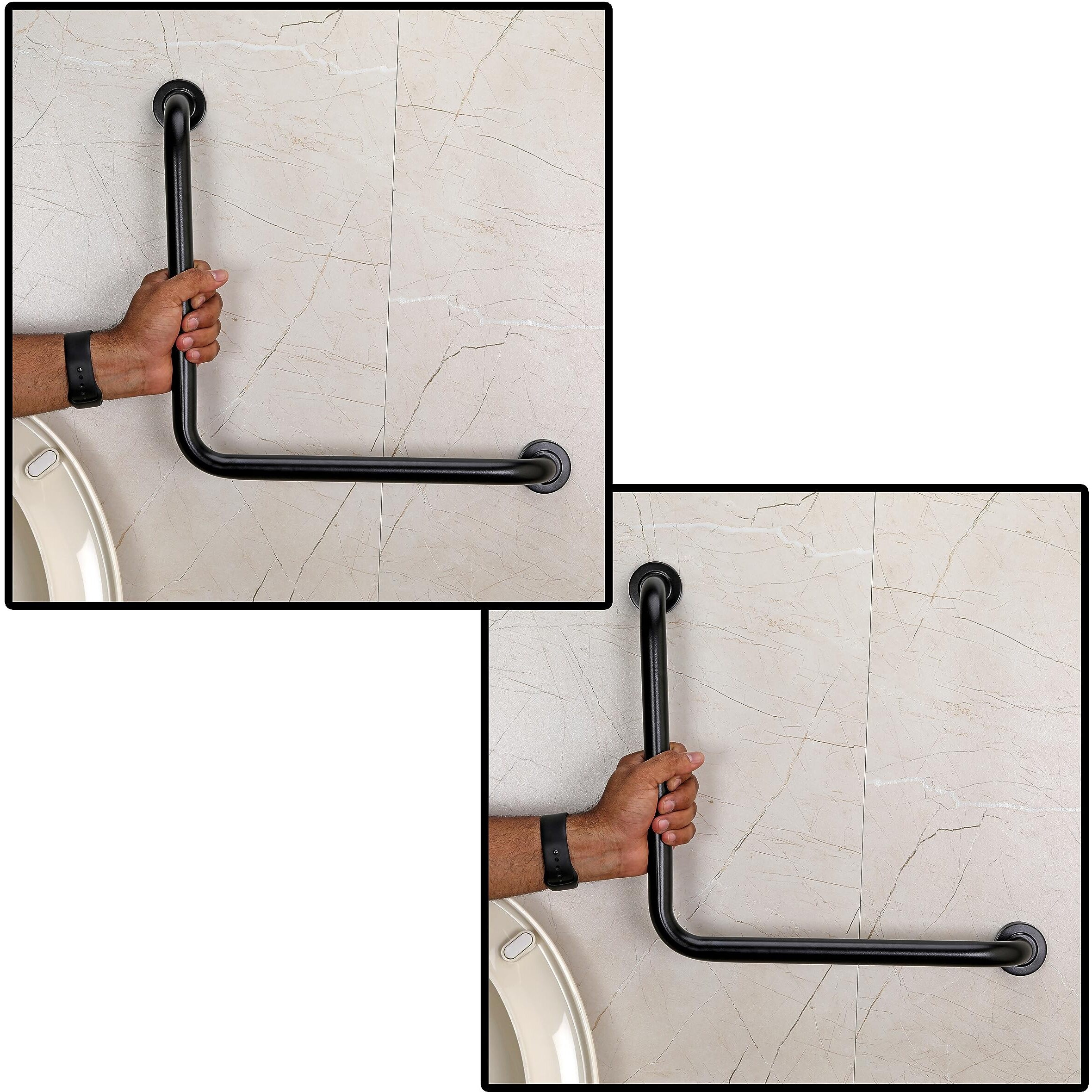 Fortune Stainless Steel L Shape Grab Bar For Bathroom & Bathtub Wall Mounted Safety Hand Support Rail, Balance Handle, Towel Bar, Bathroom Accessories Homes, Hotels - (Pack Of 2, Black Finish)