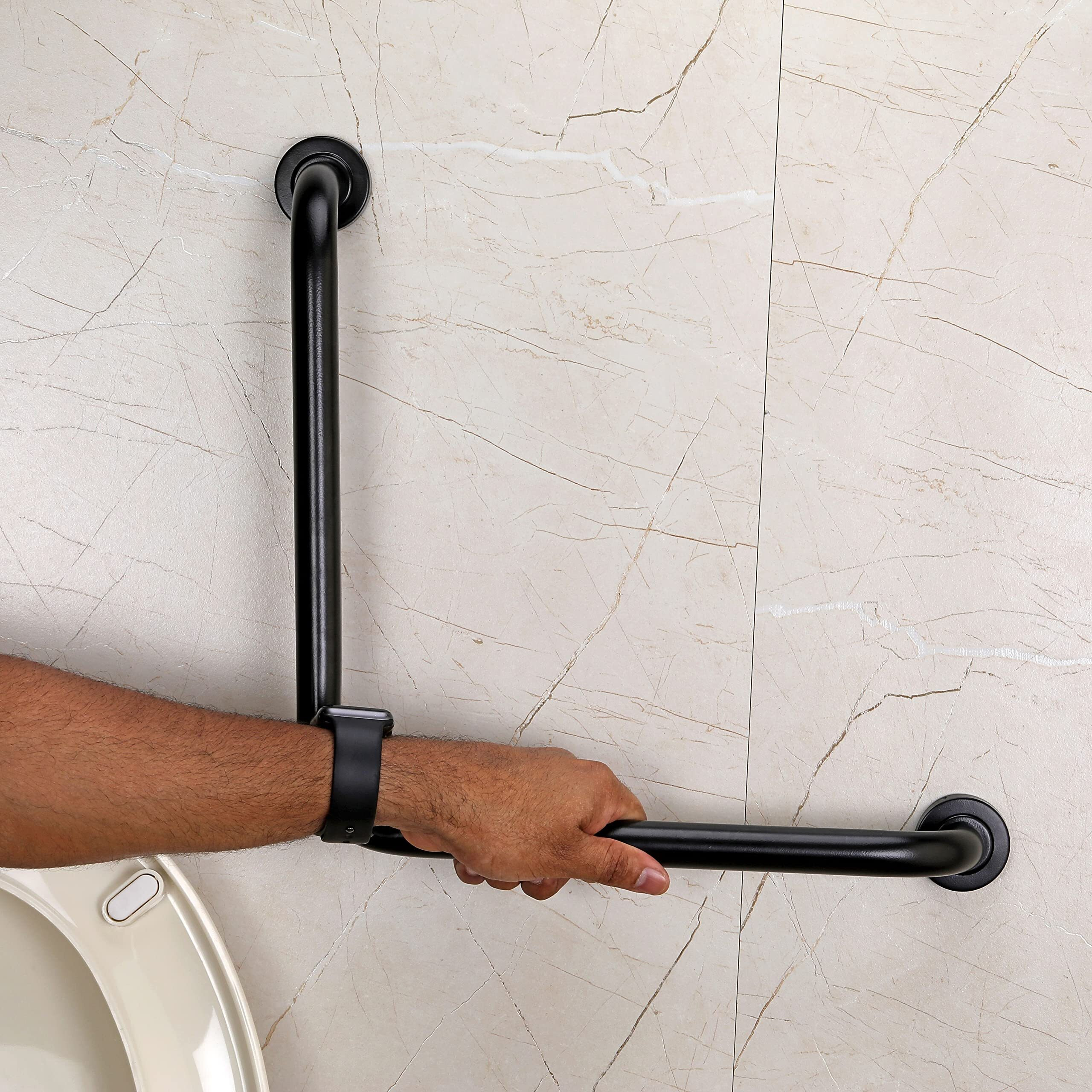 Fortune Stainless Steel L Shape Grab Bar For Bathroom & Bathtub Wall Mounted Safety Hand Support Rail, Balance Handle, Towel Bar, Bathroom Accessories Homes, Hotels - (Pack Of 2, Black Finish)