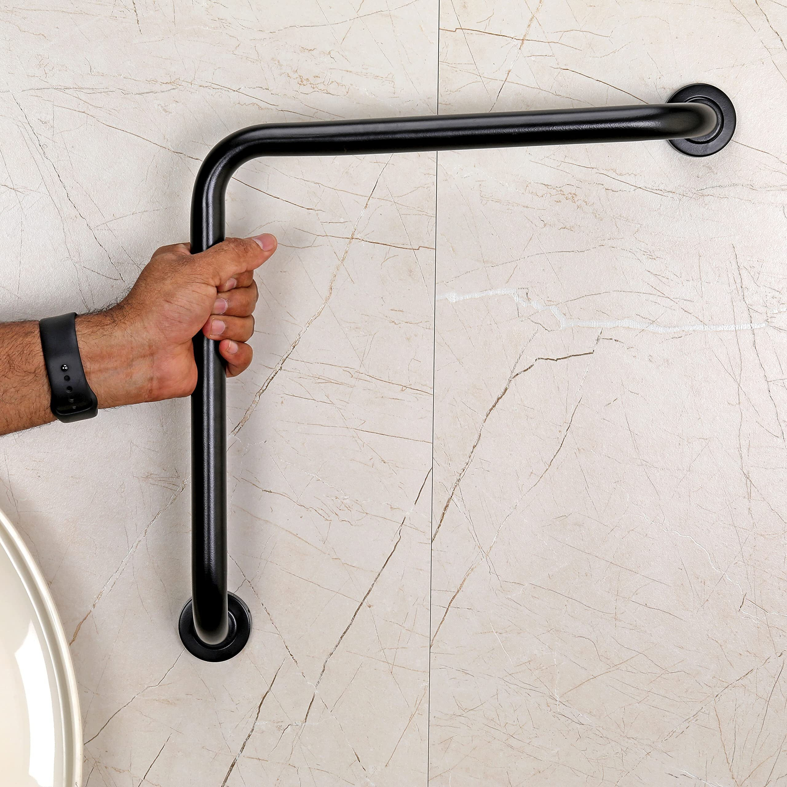 Fortune Stainless Steel L Shape Grab Bar For Bathroom & Bathtub Wall Mounted Safety Hand Support Rail, Balance Handle, Towel Bar, Bathroom Accessories Homes, Hotels - (Pack Of 2, Black Finish)