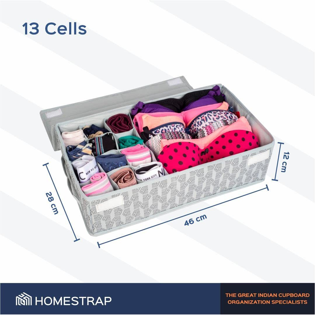 Homestrap Undergarment Organizer For Women 12+1 Compartment Non-Smell Foldable Printed Storage Box For Underwear | Innerware For Bra, Socks, Ties & Scarves(Grey)(Featured On Shark Tank)(Non-Woven)