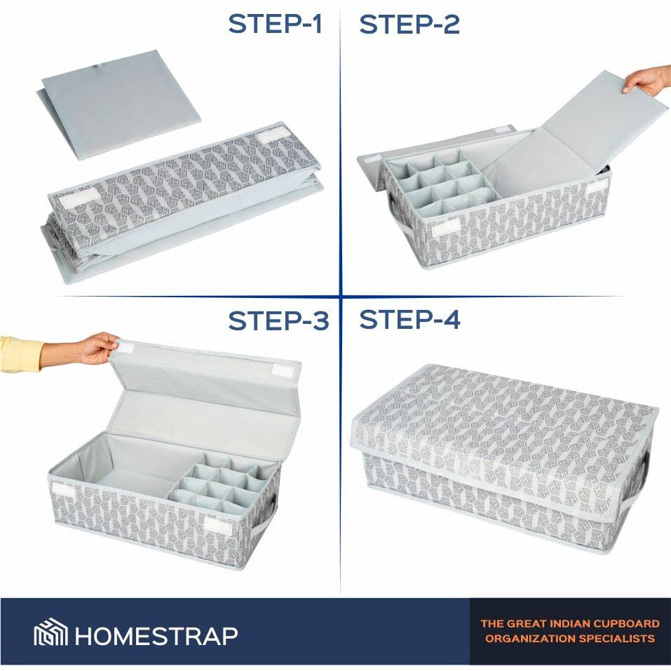 Homestrap Undergarment Organizer For Women 12+1 Compartment Non-Smell Foldable Printed Storage Box For Underwear | Innerware For Bra, Socks, Ties & Scarves(Grey)(Featured On Shark Tank)(Non-Woven)