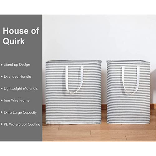 House Of Quirk Laundry Hamper 100L Collapsible Large Laundry Baskets With Easy Carry Handles Freestanding Storage Basket For Toys Clothes Organizer (100 Litre, White Grey Stripe)