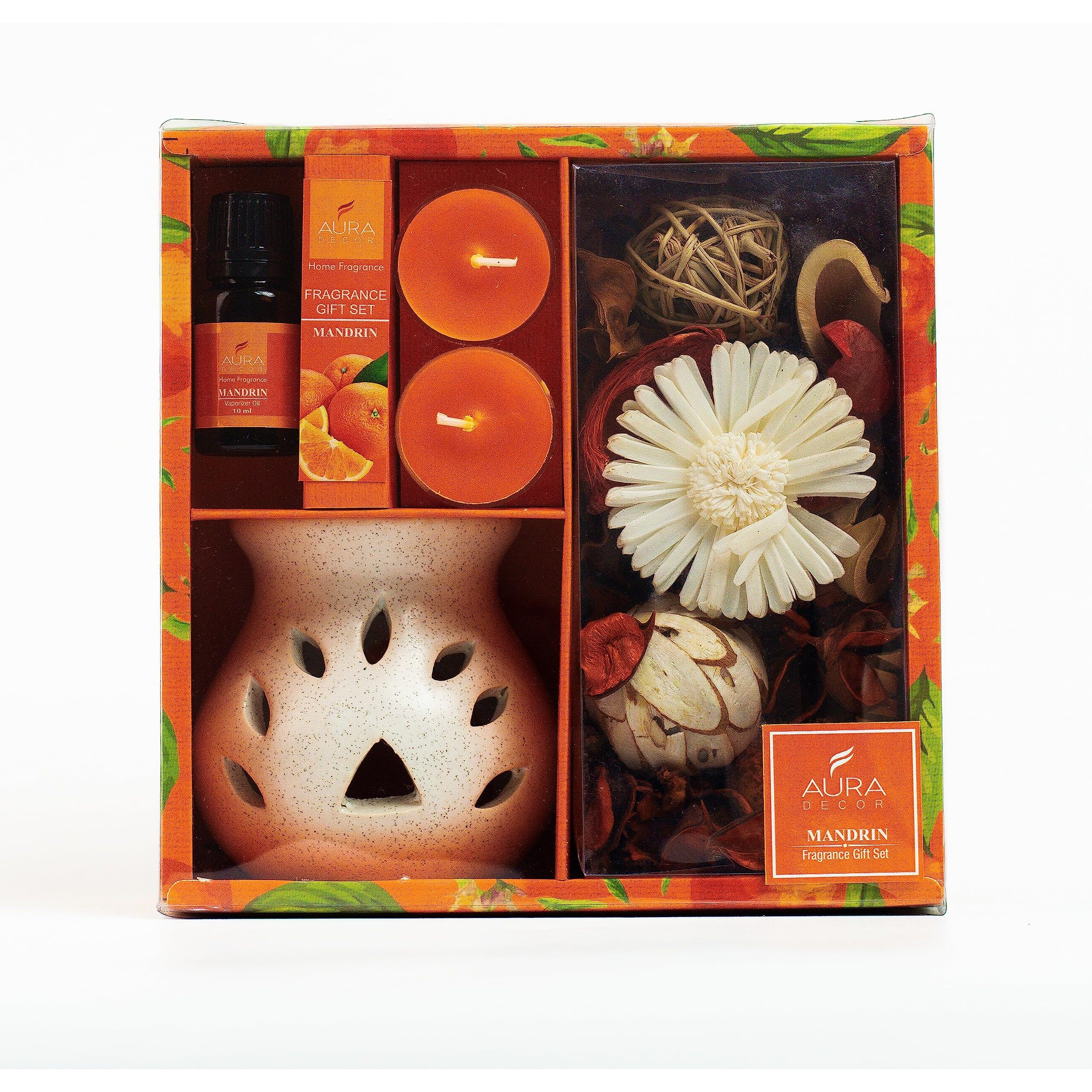 Auradecor Aromatheraphy Diffuser Gift Set || Spa || Gifting || Thanks Giving || Potpourri || Tealight Candles || Diffuser (Mandarin)