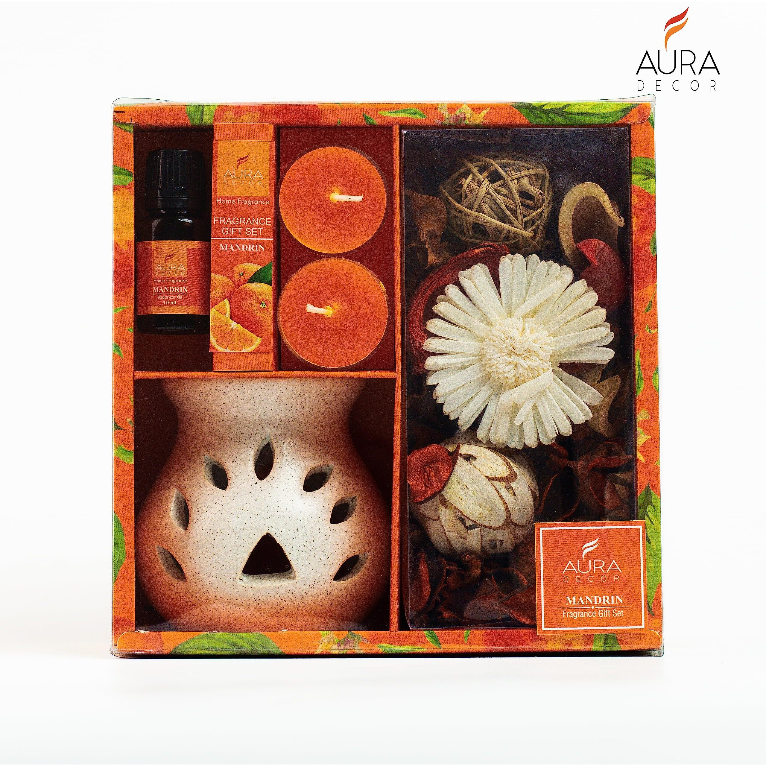 Auradecor Aromatheraphy Diffuser Gift Set || Spa || Gifting || Thanks Giving || Potpourri || Tealight Candles || Diffuser (Mandarin)