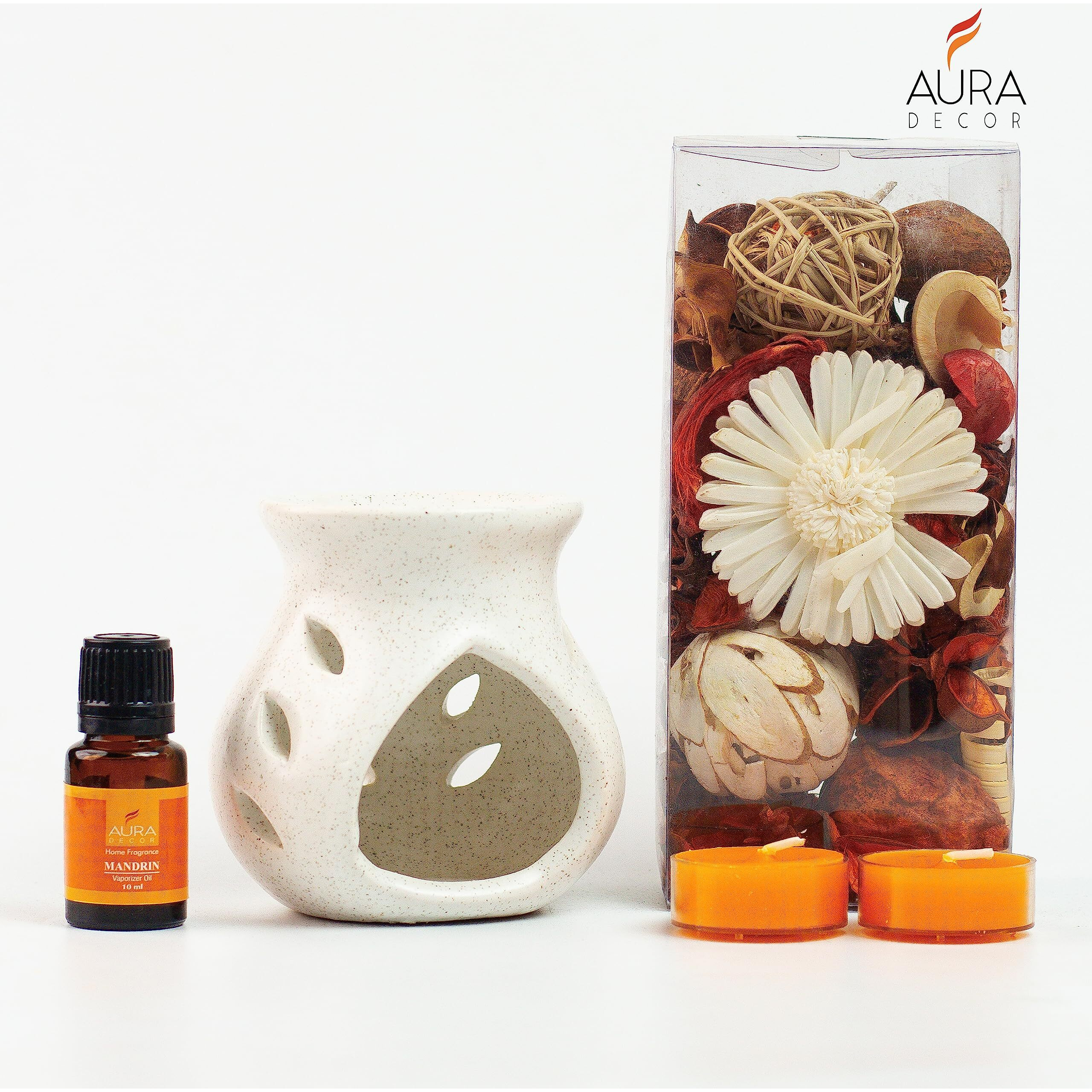 Auradecor Aromatheraphy Diffuser Gift Set || Spa || Gifting || Thanks Giving || Potpourri || Tealight Candles || Diffuser (Mandarin)