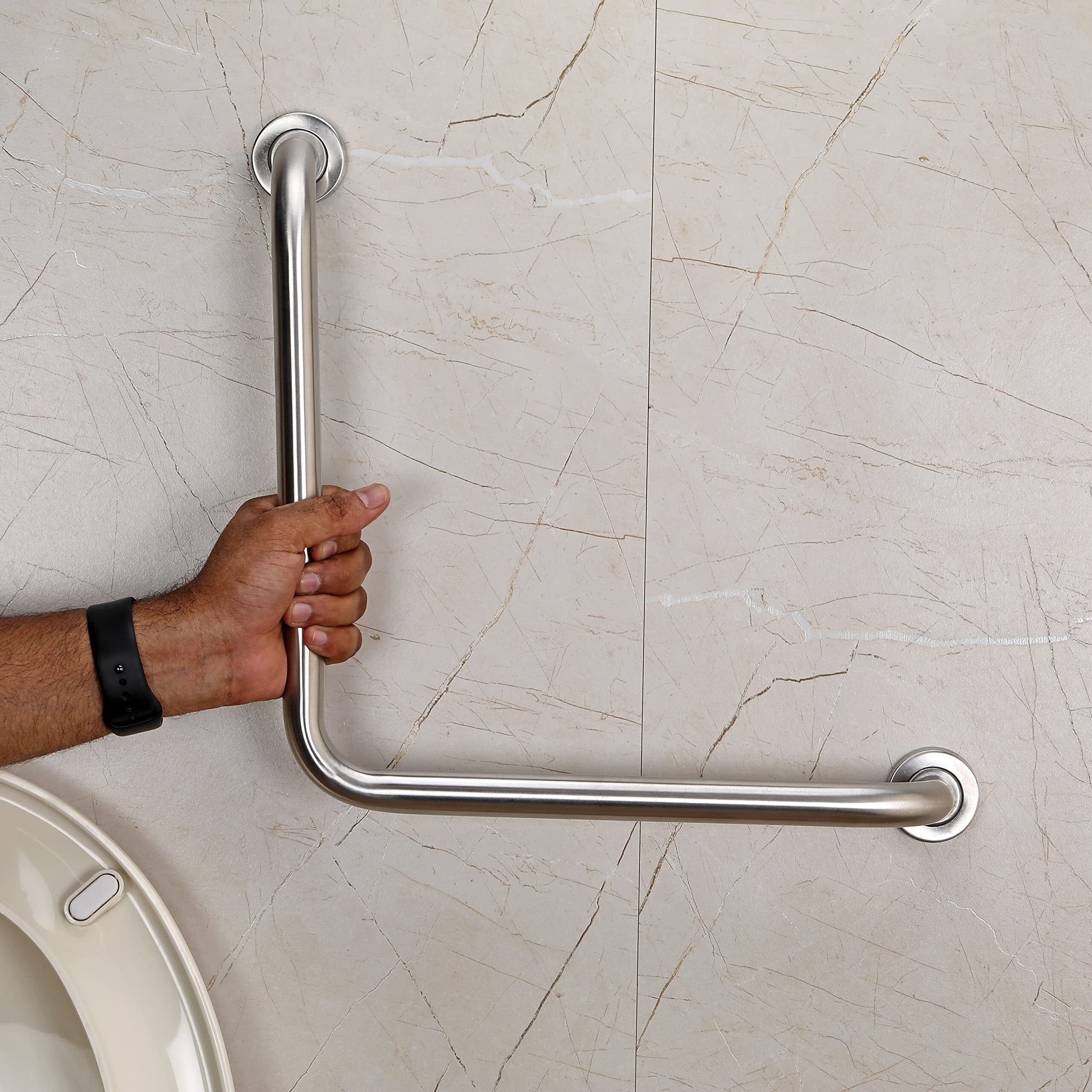 Fortune Stainless Steel L Shape Grab Bar For Bathroom & Bathtub Wall Mounted Safety Hand Support Rail, Balance Handle, Towel Bar, Bathroom Accessories Homes, Hotels - (Pack Of 1, Matt Finish)
