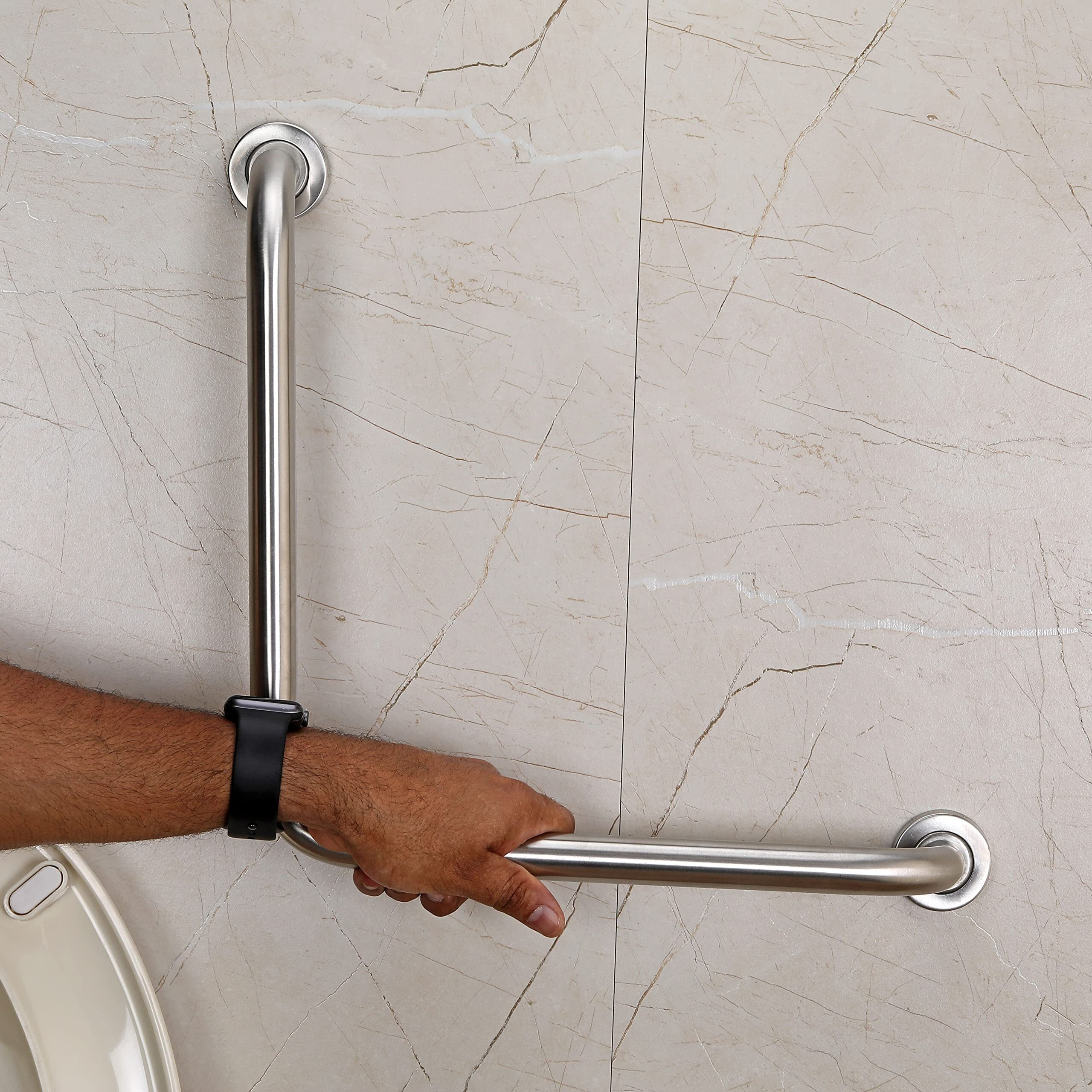 Fortune Stainless Steel L Shape Grab Bar For Bathroom & Bathtub Wall Mounted Safety Hand Support Rail, Balance Handle, Towel Bar, Bathroom Accessories Homes, Hotels - (Pack Of 1, Matt Finish)