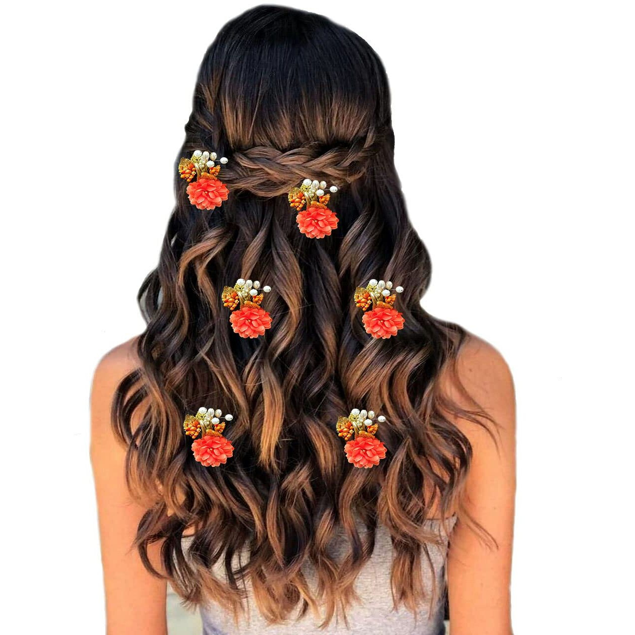 Hair Flare Artificial Flower With Pearl Bridal Hair Pin/Hair Clip/Side Pin/Comb Pin/Hair Accessories/Judapin For Women & Girls - 2397, Orange