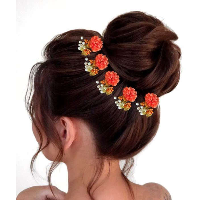 Hair Flare Artificial Flower With Pearl Bridal Hair Pin/Hair Clip/Side Pin/Comb Pin/Hair Accessories/Judapin For Women & Girls - 2397, Orange