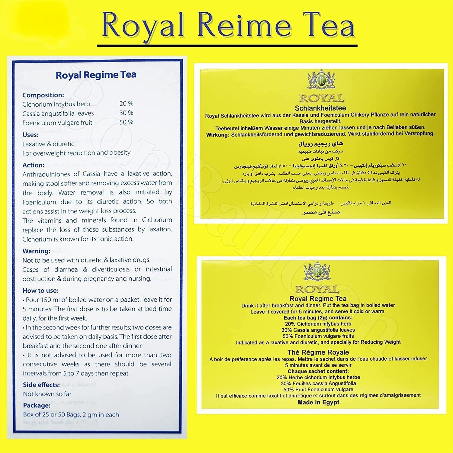 Royal Regime Tea Weight Reducing Slimming Herbs Loss Diet Herbs Herbal Infusion Herbal Tea Bags Box 50 Bags (Product Of Egypt)