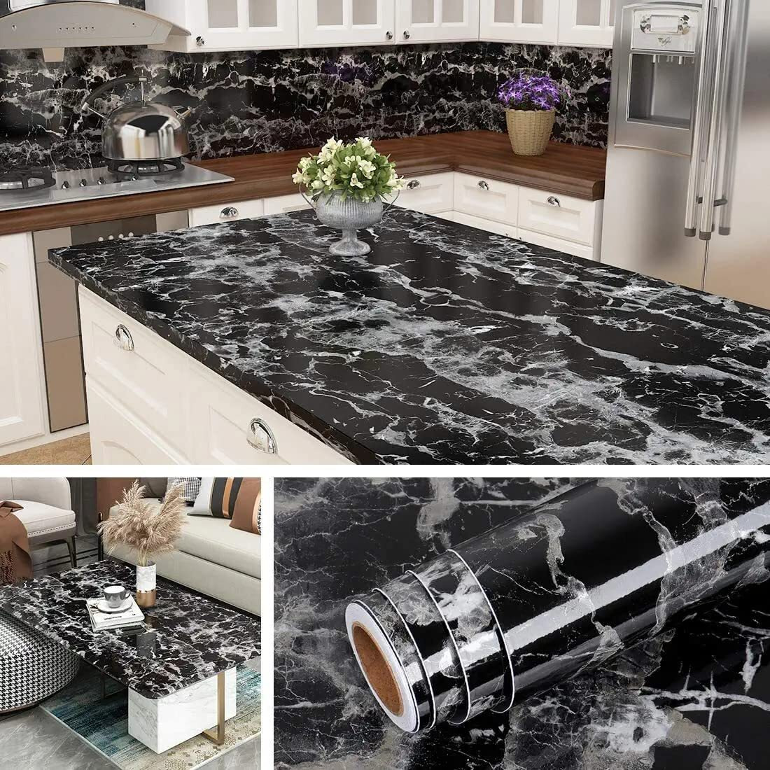 Kashival Black Marble Wallpaper For Self Adhesive Decorative Marble Contact Paper Peel And Stick Wallpaper Waterproof Pvc Marble Home Kids Room Kitchen Wallpaper For Sticker Kitchen Cabinets Marble Wallpaper Black Wallpaper For Kitchen Countertops Waterproof For Home Furniture Living Room Kitchen Platform Cabinets Tabletop Plastic Table (Size 60*200 Cm) (Black Marble A32)
