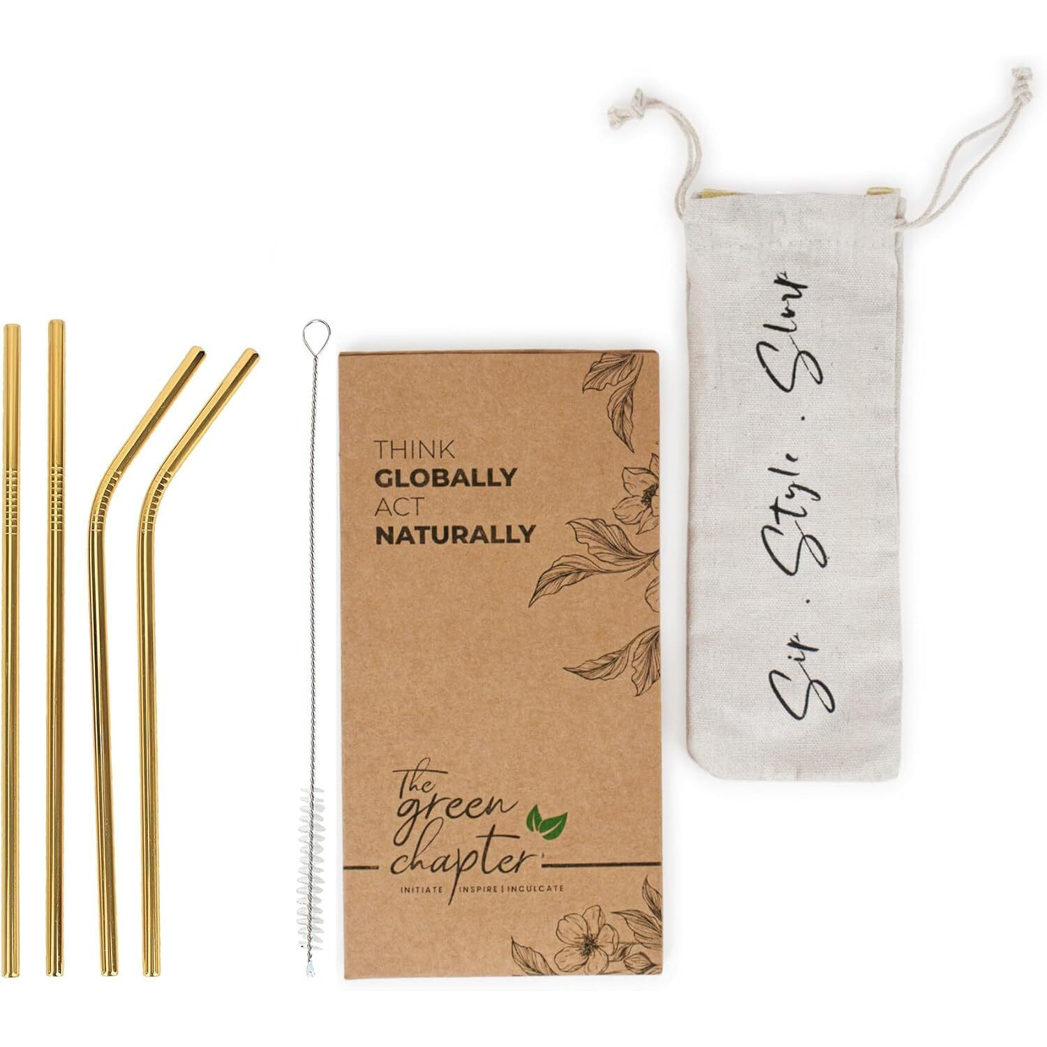 Tgc Metal Reusable Straws Set For Drinking With Glass For Adults & Kids With Cleaning Brush Golden Aesthetic Kitchen Decor And Golden Cutlery (2-Straight, 2-Bent,1- Cleaning Brush)