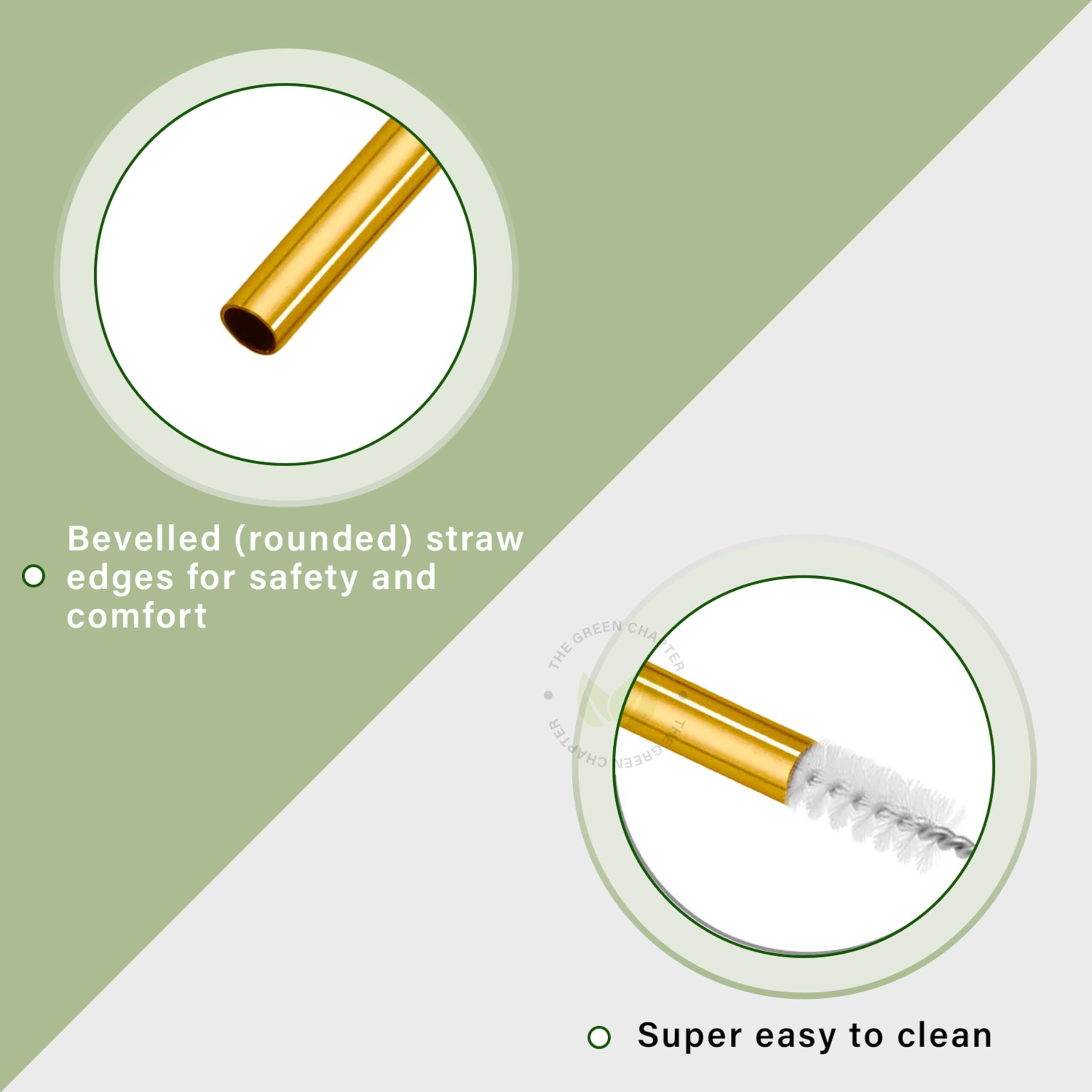 Tgc Metal Reusable Straws Set For Drinking With Glass For Adults & Kids With Cleaning Brush Golden Aesthetic Kitchen Decor And Golden Cutlery (2-Straight, 2-Bent,1- Cleaning Brush)