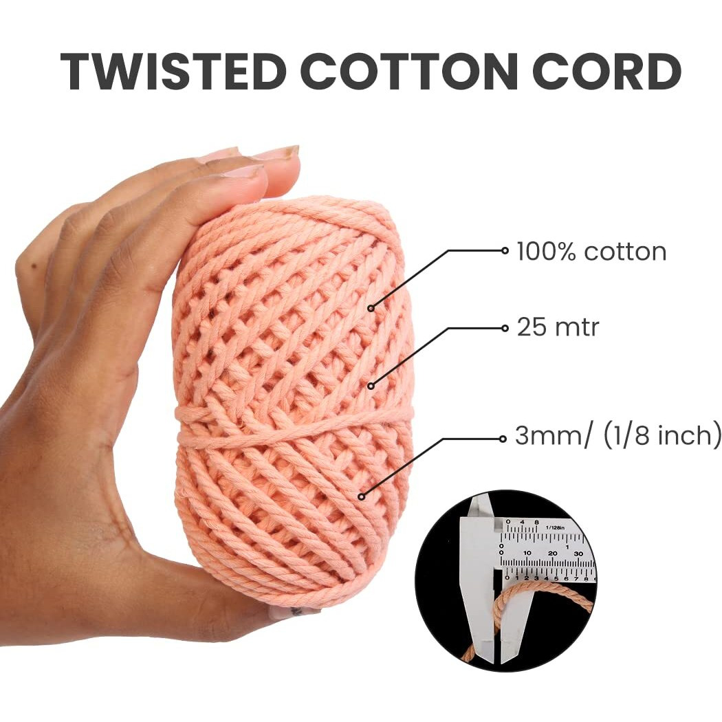 Little Birdie Macrame Thread For Craft | Cotton Twisted Cord Peach 3Mm 3 Ply 25 Mtr | Cotton Thread For Craft