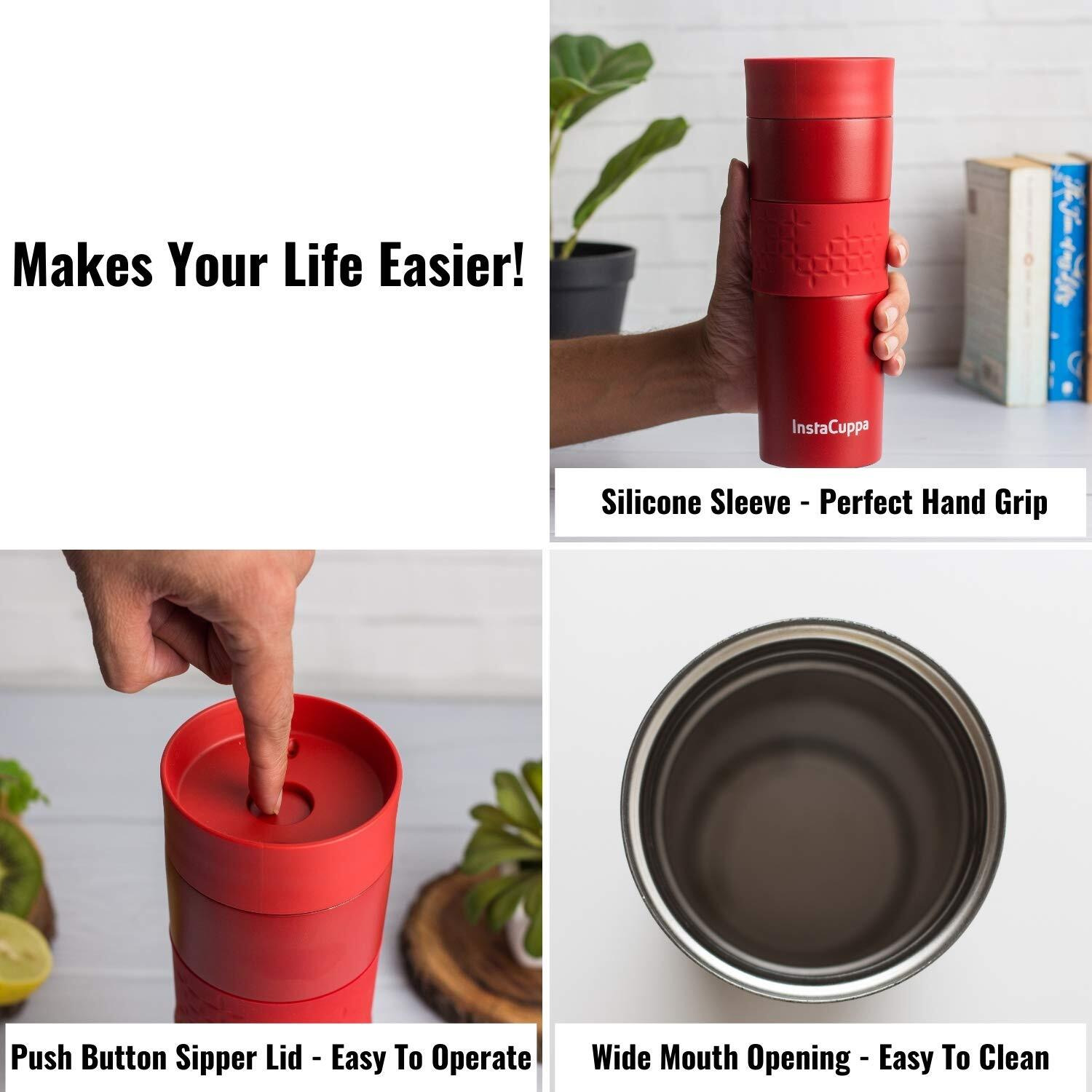 Instacuppa Vacuum Insulated Travel Mug, Stainless Steel Double Walled Thermosteel For Hot Or Cold Coffee, (470 Ml, Red)